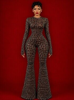 💋LEOPARD PRINT FLARED JUMPSUIT| OPEN BACK | Boutique Exclusive